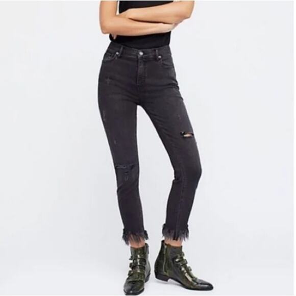 Free People Pants - Free People Great Heights Frayed Skinny Jeans Washed Black Denim Pants Womens 29